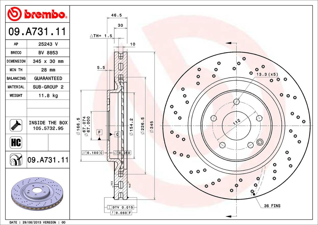 Mercedes Brembo Disc Brake Rotor - Front (345mm) (Cross-Drilled) 2034210912